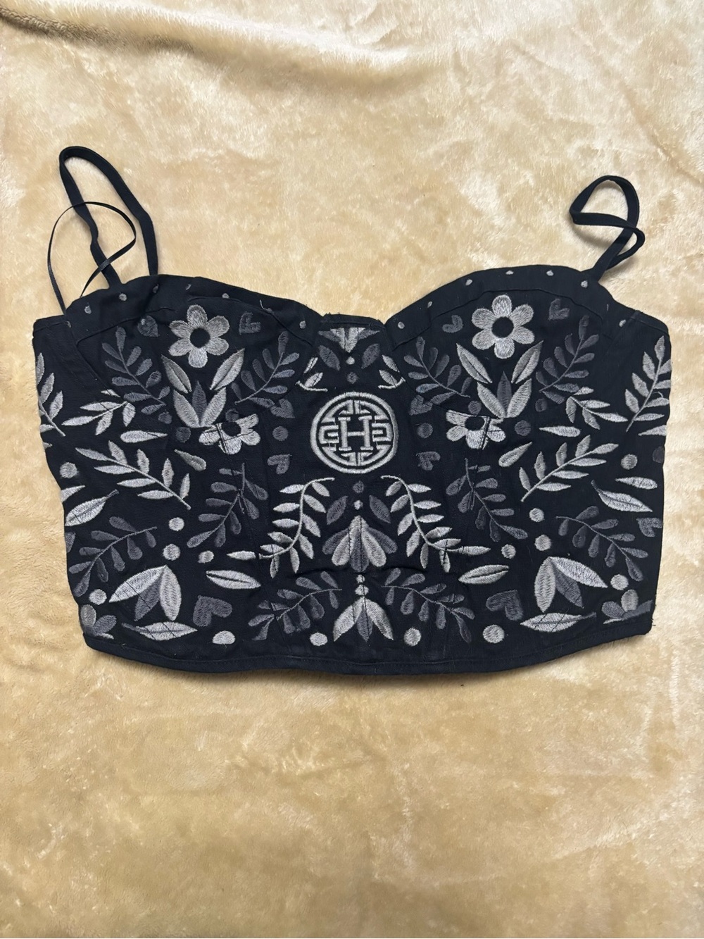 Black Embroidered Floral Bustier Crop Top - Women